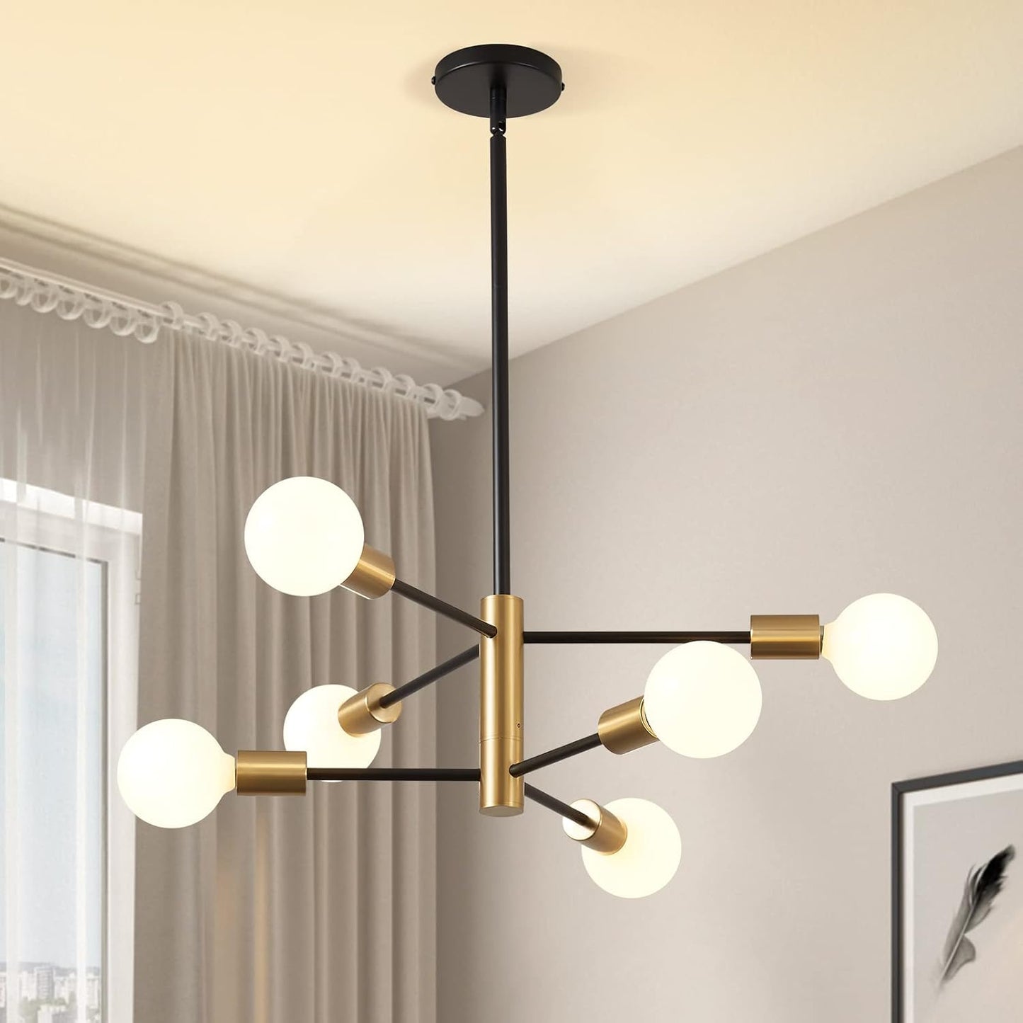 KAISITE Modern Chandelier Dining Room Light Fixture Over Table 10-Light Sputnik Chandelier Ceiling Light Fixture Height Adjustable Black and Gold Mid Century Pendant Lighting for Kitchen Living Room