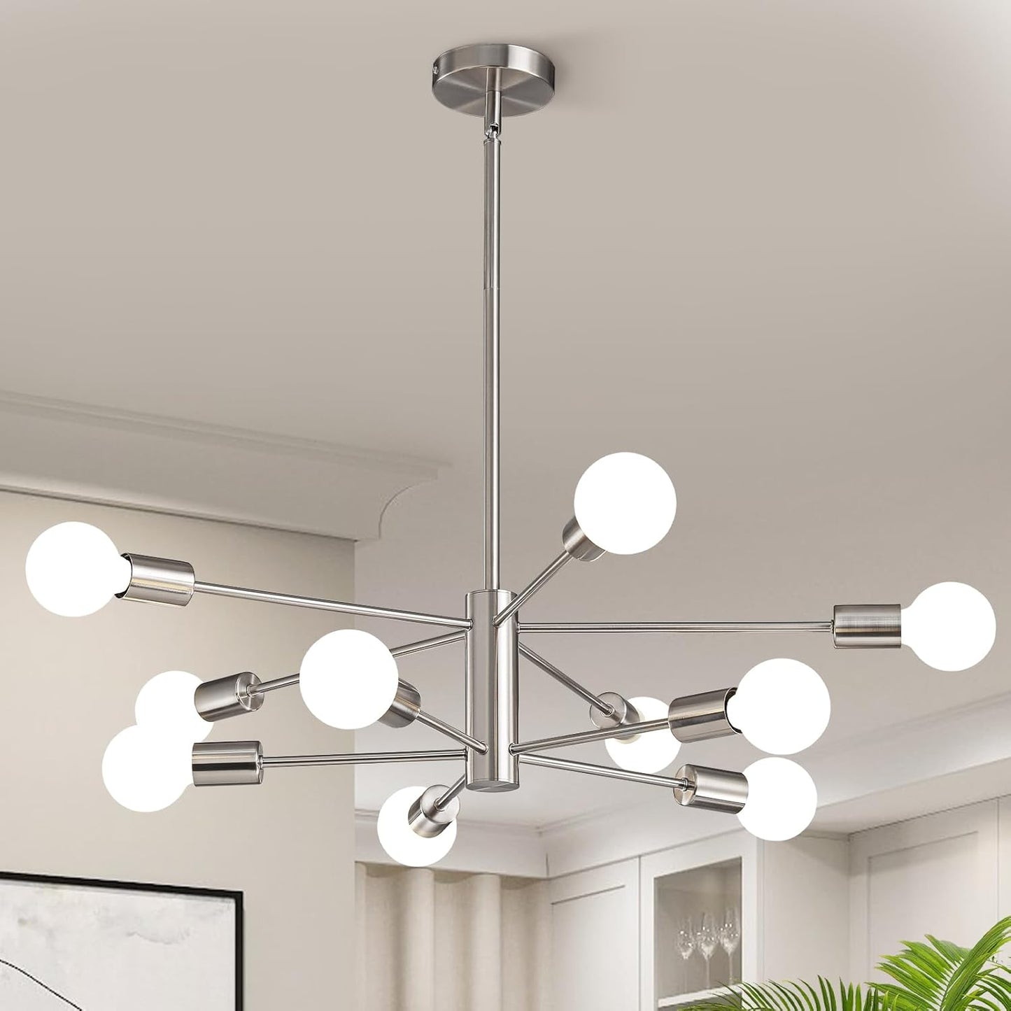 KAISITE Modern Chandelier Dining Room Light Fixture Over Table 10-Light Sputnik Chandelier Ceiling Light Fixture Height Adjustable Black and Gold Mid Century Pendant Lighting for Kitchen Living Room