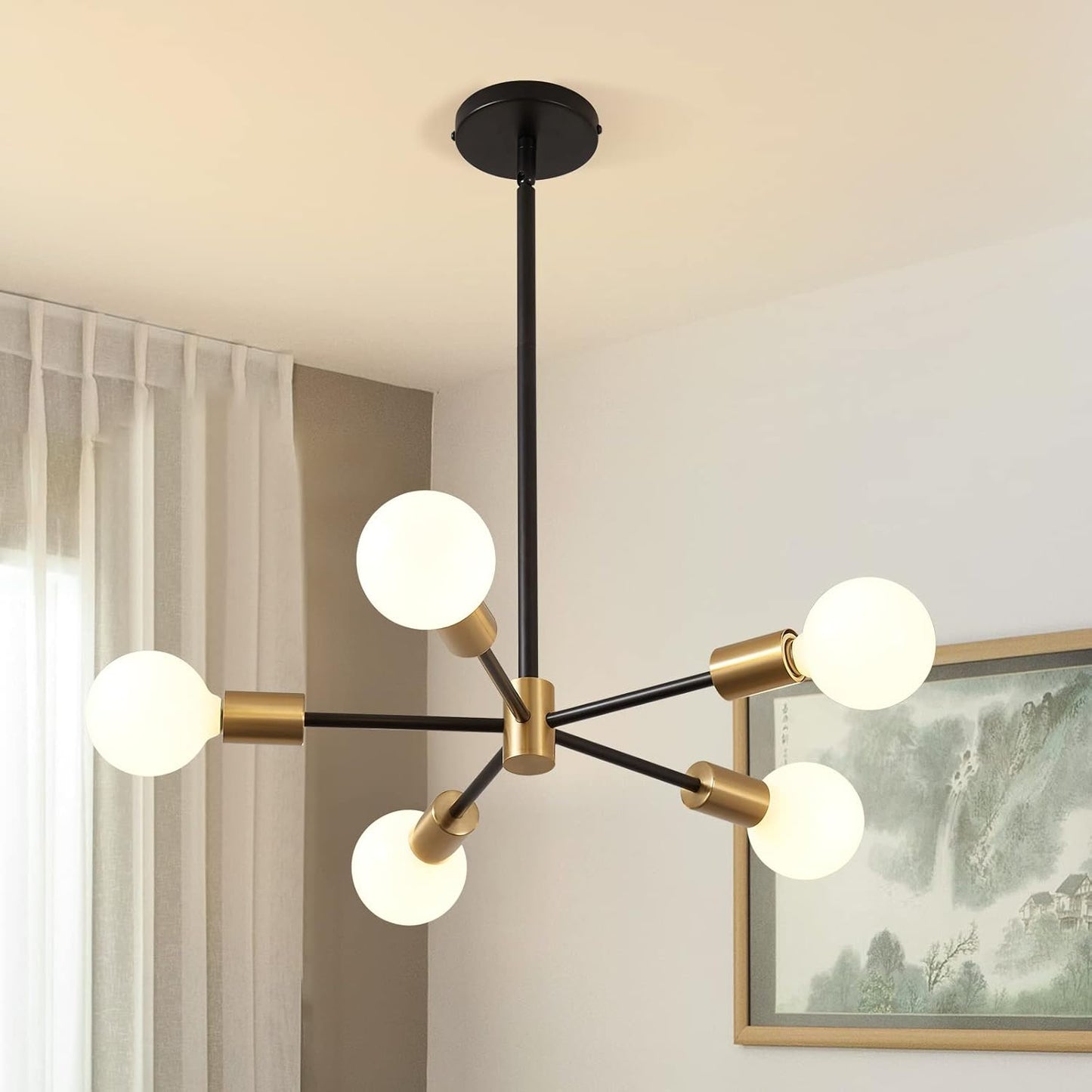 KAISITE Modern Chandelier Dining Room Light Fixture Over Table 10-Light Sputnik Chandelier Ceiling Light Fixture Height Adjustable Black and Gold Mid Century Pendant Lighting for Kitchen Living Room