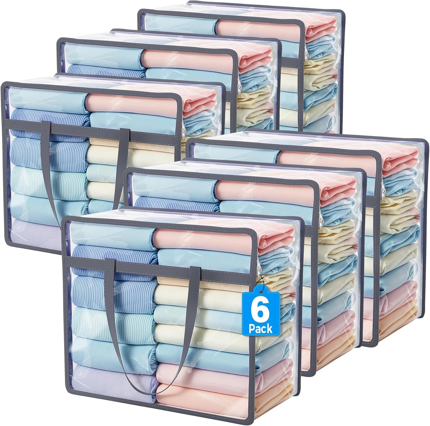 Budding Joy 6 Pack Clear Zippered Storage Bags for Clothes,40L Closet Organizers and Storage Containers Vinyl Moving Bag for Bedding, Linen, Blankets, Comforters, Clothing & Toys