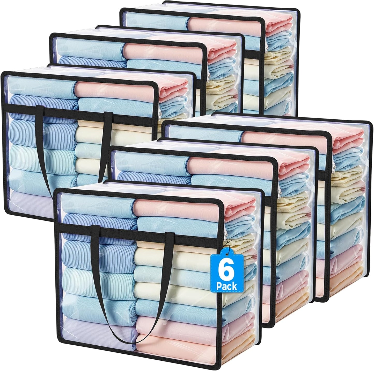 Budding Joy 6 Pack Clear Zippered Storage Bags for Clothes,40L Closet Organizers and Storage Containers Vinyl Moving Bag for Bedding, Linen, Blankets, Comforters, Clothing & Toys