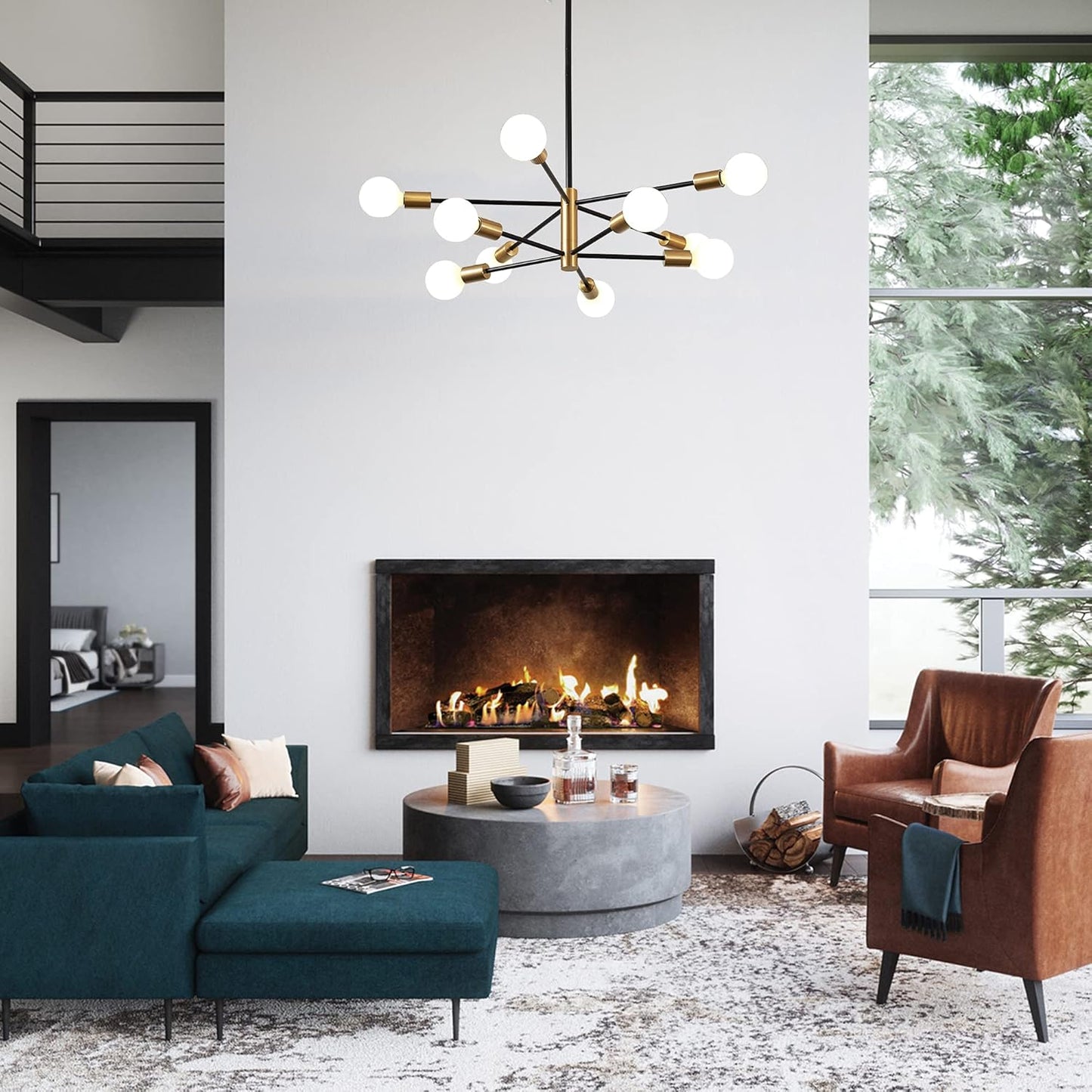 KAISITE Modern Chandelier Dining Room Light Fixture Over Table 10-Light Sputnik Chandelier Ceiling Light Fixture Height Adjustable Black and Gold Mid Century Pendant Lighting for Kitchen Living Room