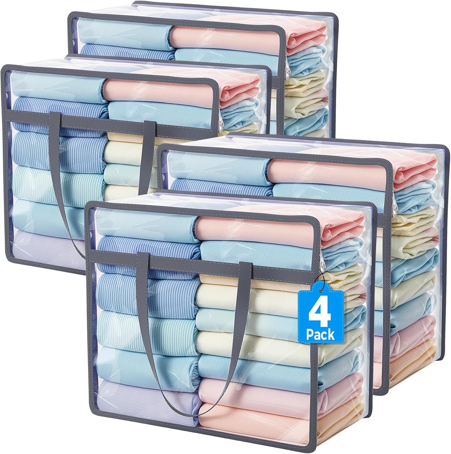Budding Joy 6 Pack Clear Zippered Storage Bags for Clothes,40L Closet Organizers and Storage Containers Vinyl Moving Bag for Bedding, Linen, Blankets, Comforters, Clothing & Toys