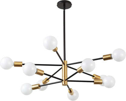 KAISITE Modern Chandelier Dining Room Light Fixture Over Table 10-Light Sputnik Chandelier Ceiling Light Fixture Height Adjustable Black and Gold Mid Century Pendant Lighting for Kitchen Living Room