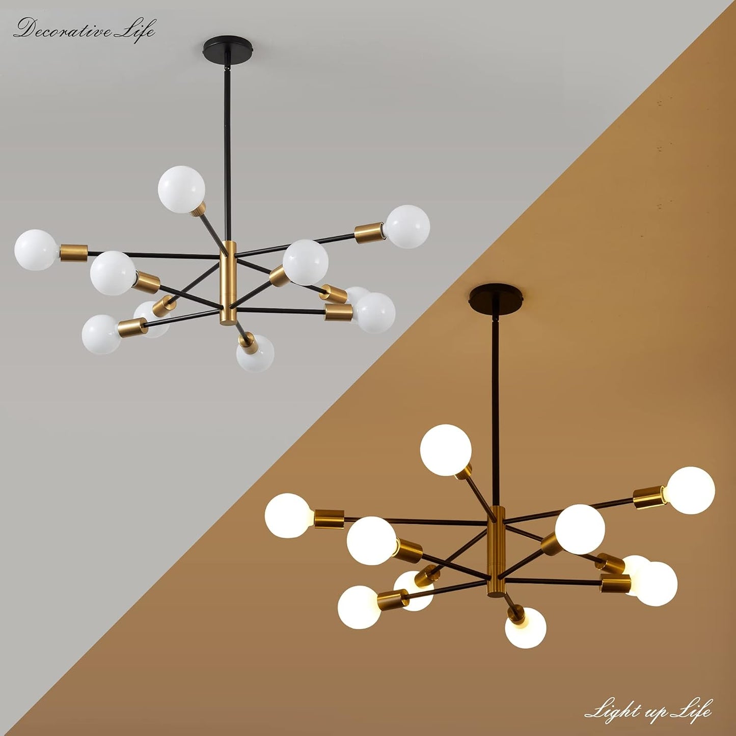 KAISITE Modern Chandelier Dining Room Light Fixture Over Table 10-Light Sputnik Chandelier Ceiling Light Fixture Height Adjustable Black and Gold Mid Century Pendant Lighting for Kitchen Living Room