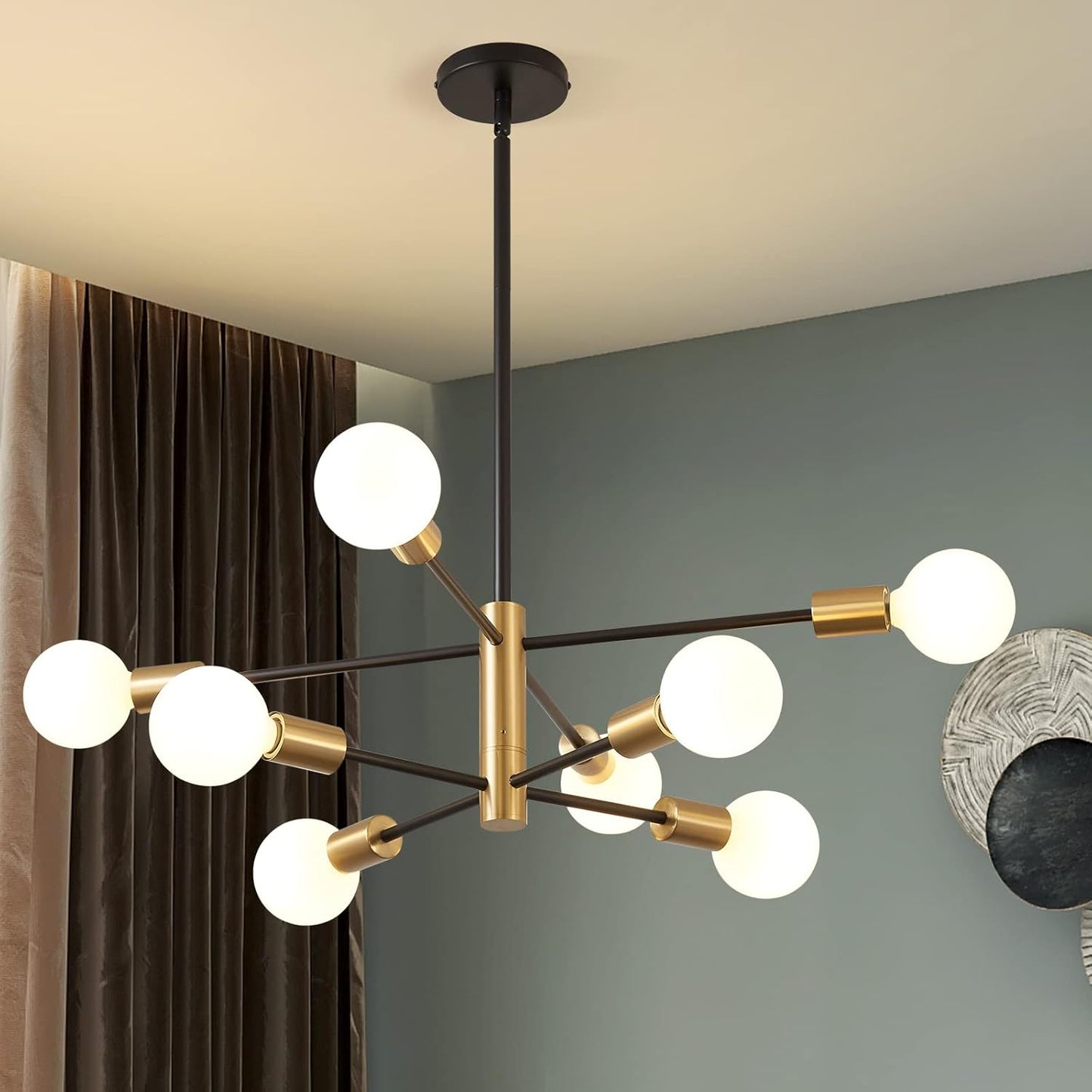 KAISITE Modern Chandelier Dining Room Light Fixture Over Table 10-Light Sputnik Chandelier Ceiling Light Fixture Height Adjustable Black and Gold Mid Century Pendant Lighting for Kitchen Living Room