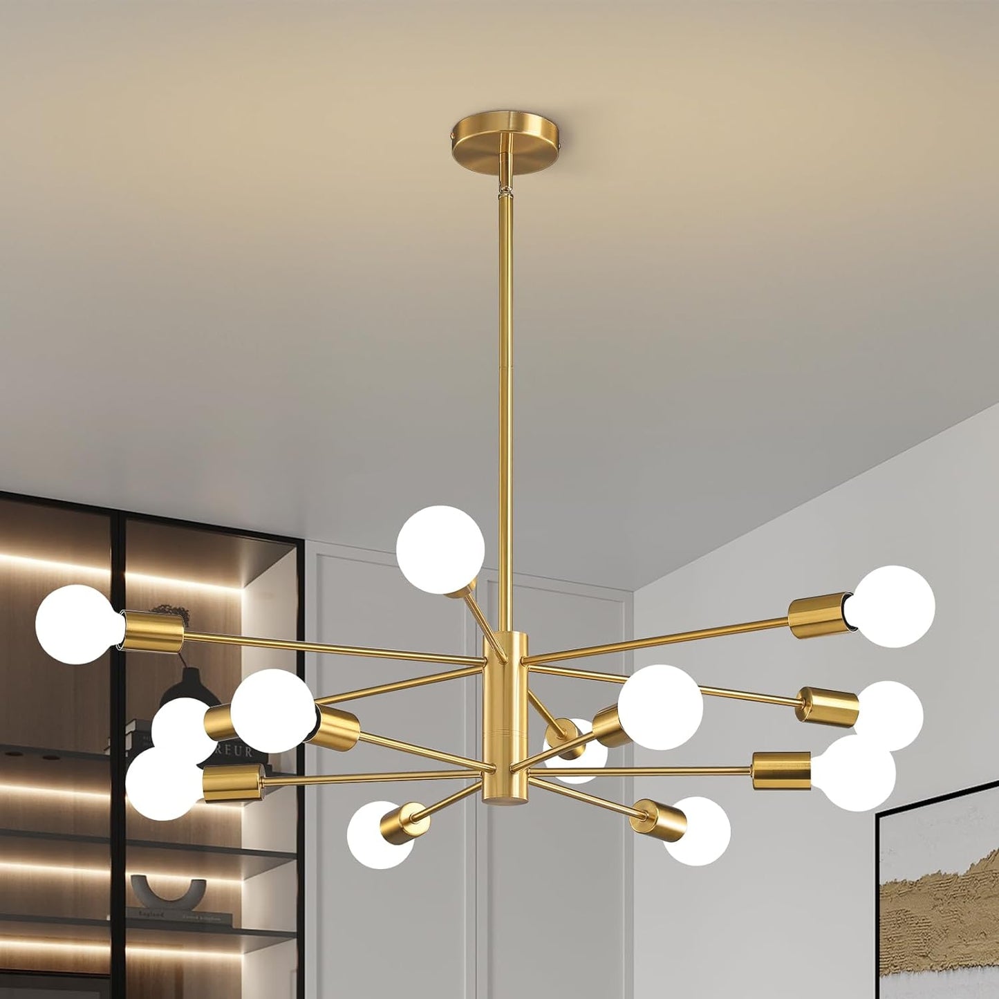KAISITE Modern Chandelier Dining Room Light Fixture Over Table 10-Light Sputnik Chandelier Ceiling Light Fixture Height Adjustable Black and Gold Mid Century Pendant Lighting for Kitchen Living Room