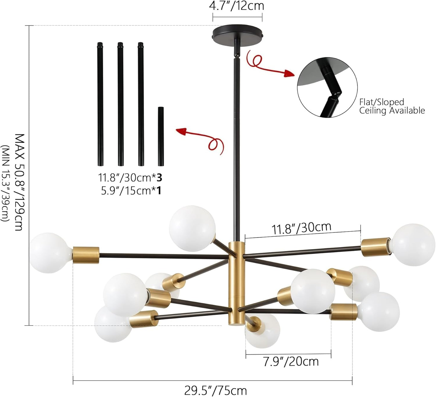 KAISITE Modern Chandelier Dining Room Light Fixture Over Table 10-Light Sputnik Chandelier Ceiling Light Fixture Height Adjustable Black and Gold Mid Century Pendant Lighting for Kitchen Living Room