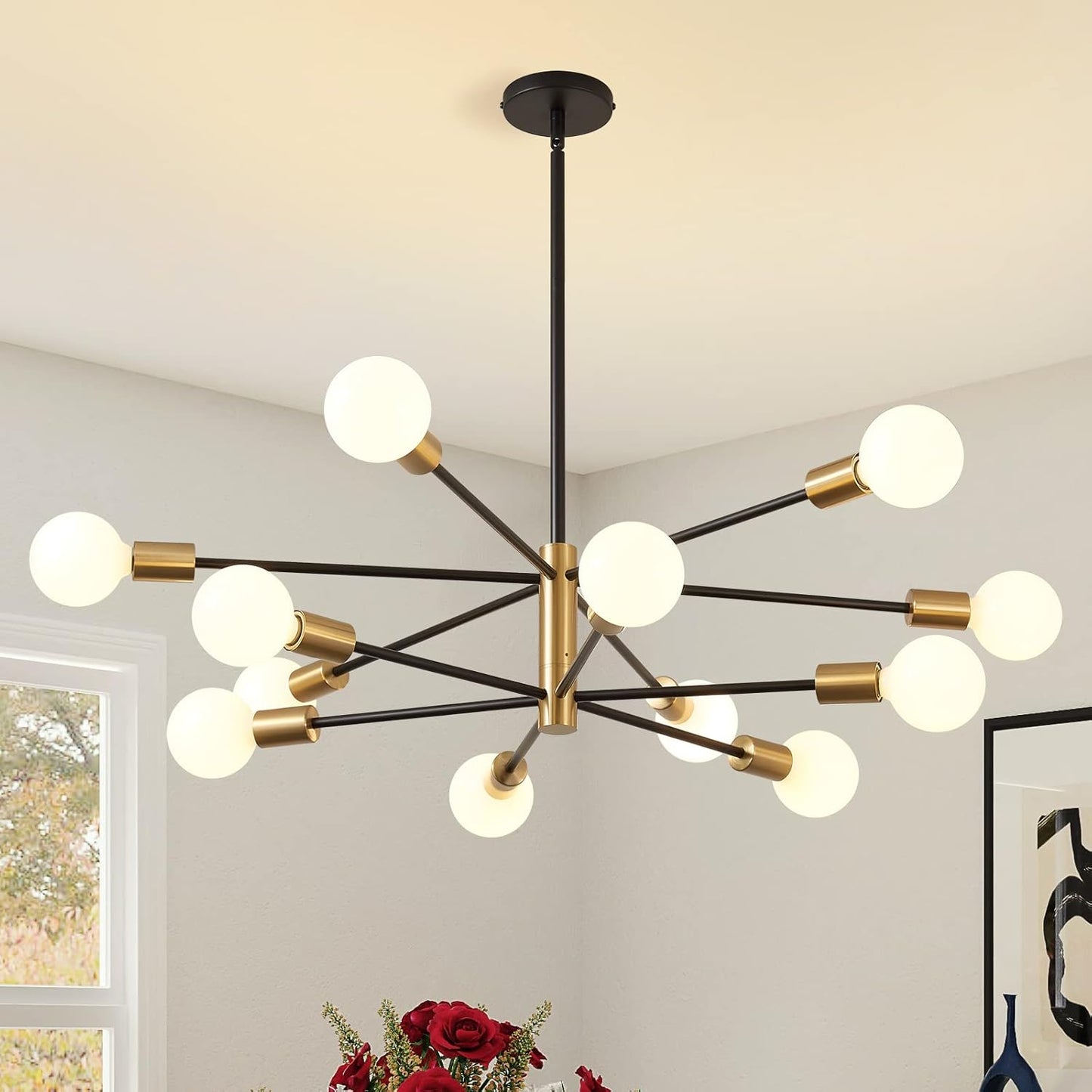 KAISITE Modern Chandelier Dining Room Light Fixture Over Table 10-Light Sputnik Chandelier Ceiling Light Fixture Height Adjustable Black and Gold Mid Century Pendant Lighting for Kitchen Living Room