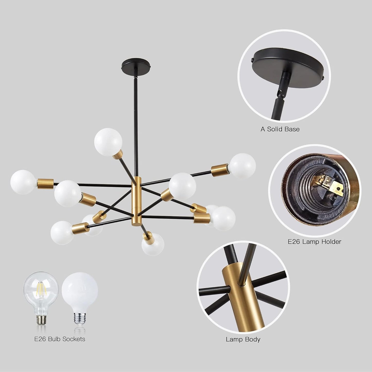 KAISITE Modern Chandelier Dining Room Light Fixture Over Table 10-Light Sputnik Chandelier Ceiling Light Fixture Height Adjustable Black and Gold Mid Century Pendant Lighting for Kitchen Living Room