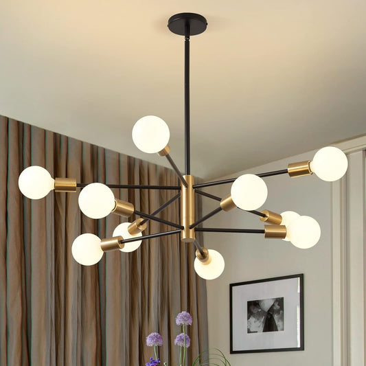 KAISITE Modern Chandelier Dining Room Light Fixture Over Table 10-Light Sputnik Chandelier Ceiling Light Fixture Height Adjustable Black and Gold Mid Century Pendant Lighting for Kitchen Living Room