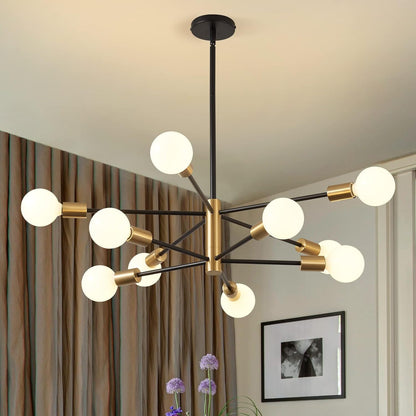 KAISITE Modern Chandelier Dining Room Light Fixture Over Table 10-Light Sputnik Chandelier Ceiling Light Fixture Height Adjustable Black and Gold Mid Century Pendant Lighting for Kitchen Living Room