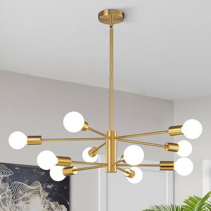 KAISITE Modern Chandelier Dining Room Light Fixture Over Table 10-Light Sputnik Chandelier Ceiling Light Fixture Height Adjustable Black and Gold Mid Century Pendant Lighting for Kitchen Living Room