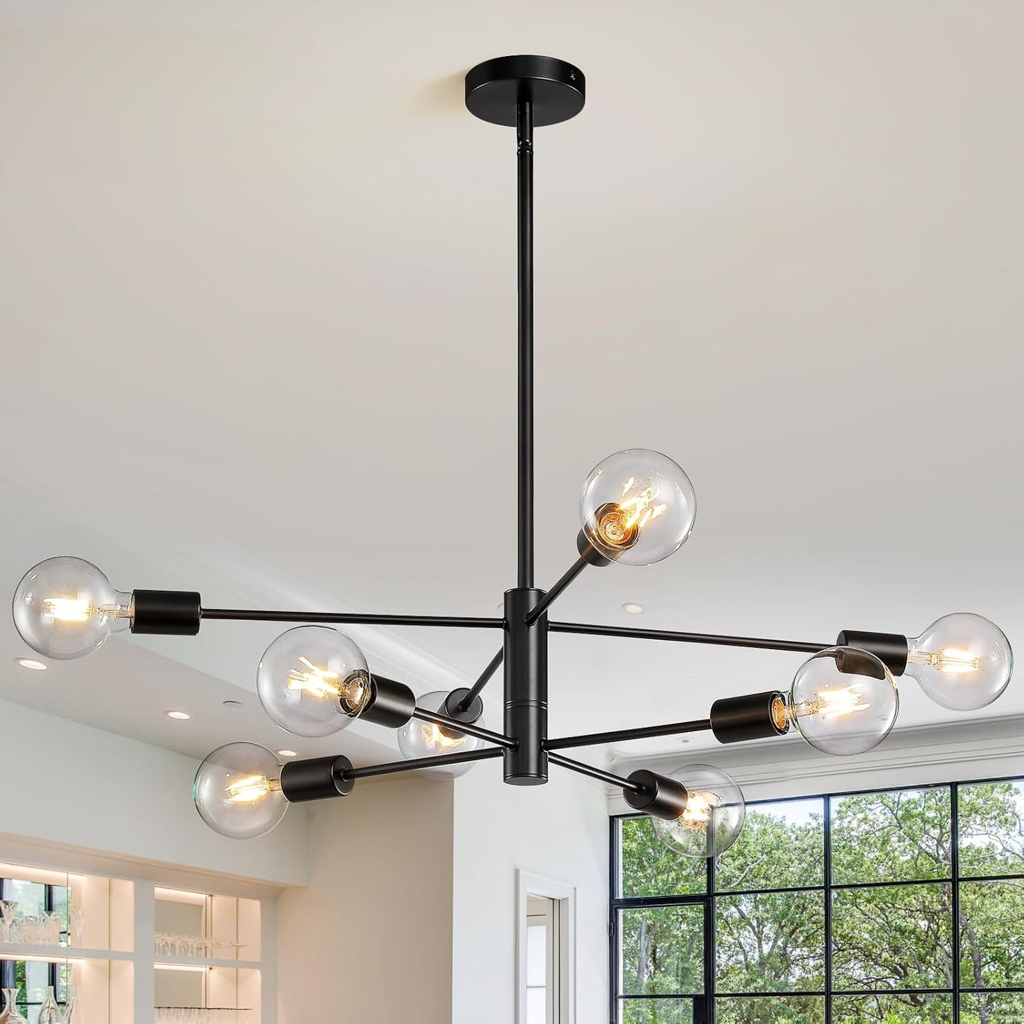 KAISITE Modern Chandelier Dining Room Light Fixture Over Table 10-Light Sputnik Chandelier Ceiling Light Fixture Height Adjustable Black and Gold Mid Century Pendant Lighting for Kitchen Living Room