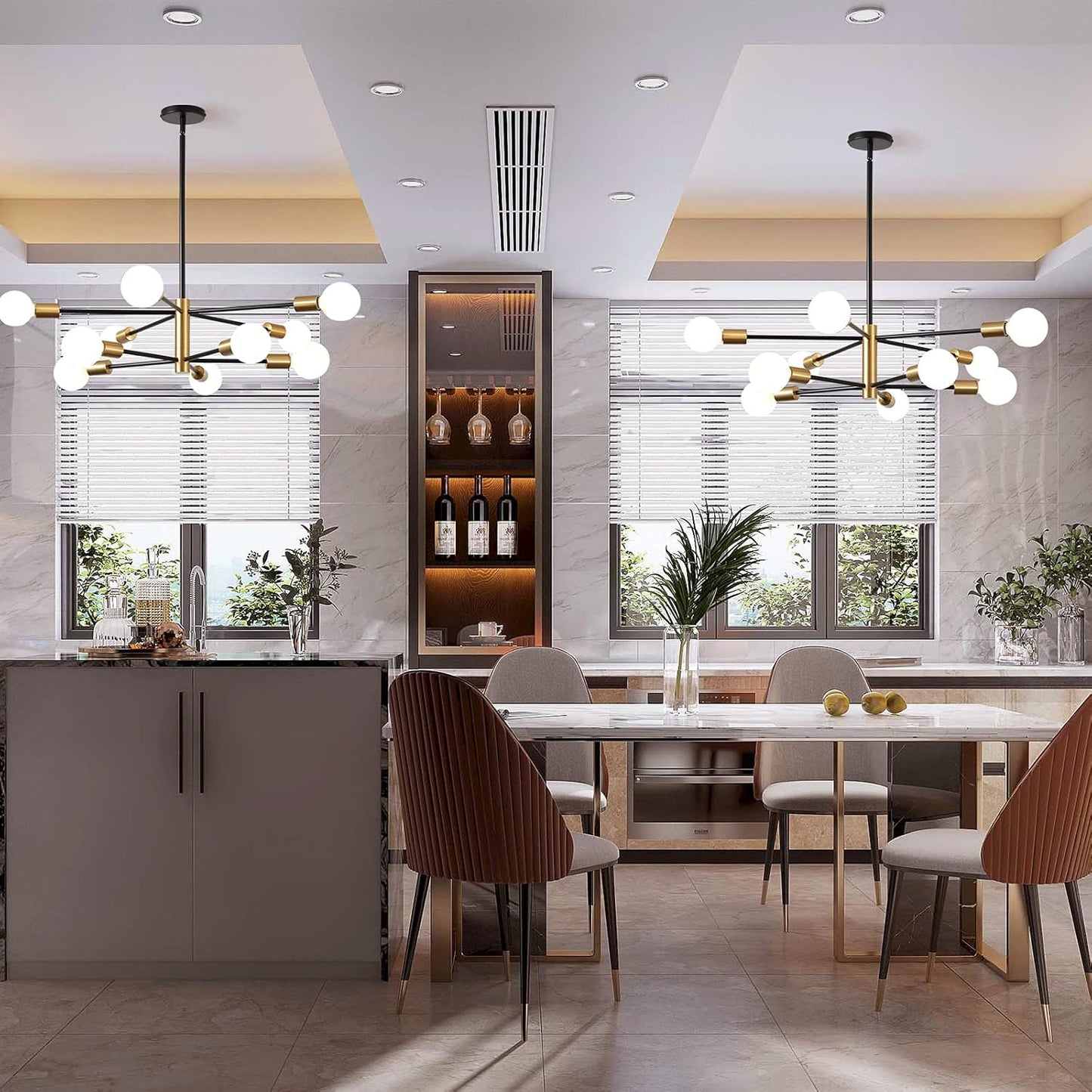 KAISITE Modern Chandelier Dining Room Light Fixture Over Table 10-Light Sputnik Chandelier Ceiling Light Fixture Height Adjustable Black and Gold Mid Century Pendant Lighting for Kitchen Living Room