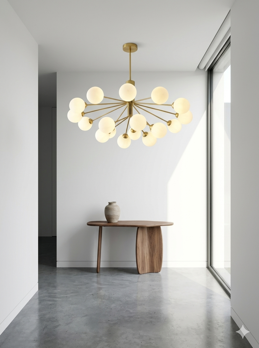 Brass modern 12-Light opal chandelier